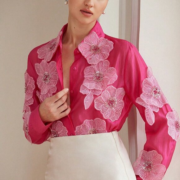 Hot Pink Elegant Women's Flower Sequined Embroidery Sheer Long-Sleeved Shirt - Picture 1 of 6